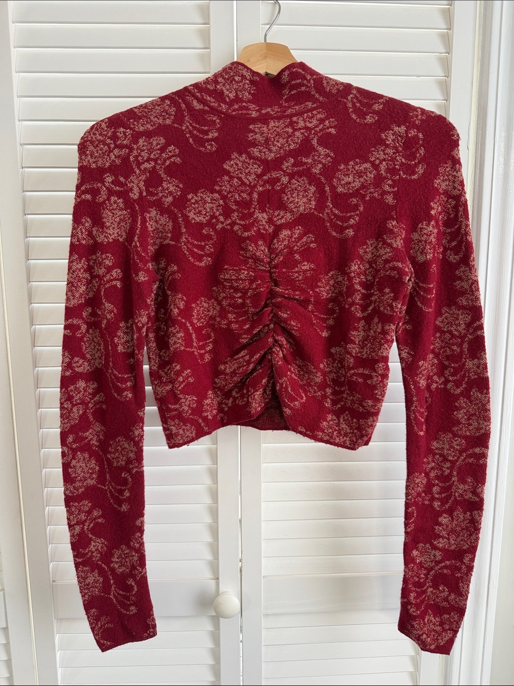 Anthropologie Red Floral Ruched Knit Crop Sweater
